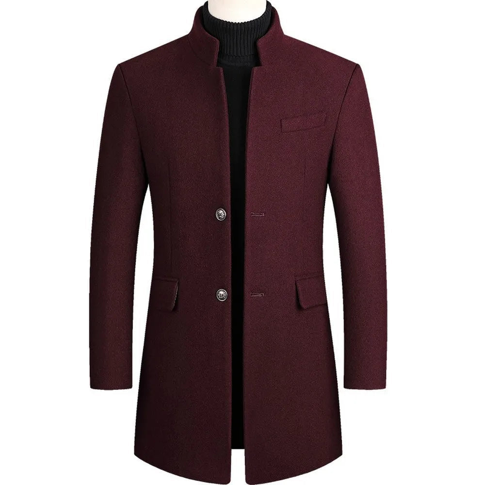 Tailored fit men's longline overcoat with a sophisticated stand collar, ideal for smart casual outerwear.