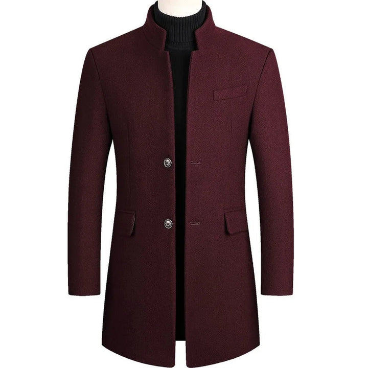 Tailored fit men's longline overcoat with a sophisticated stand collar, ideal for smart casual outerwear.