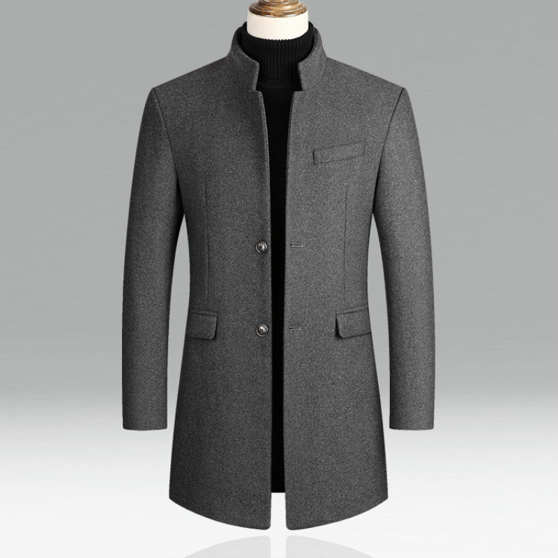 Stylish men's stand collar longline trench coat, versatile for business, formal events & smart casual fashion.