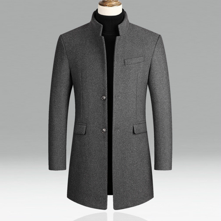 Stylish men's stand collar longline trench coat, versatile for business, formal events & smart casual fashion.