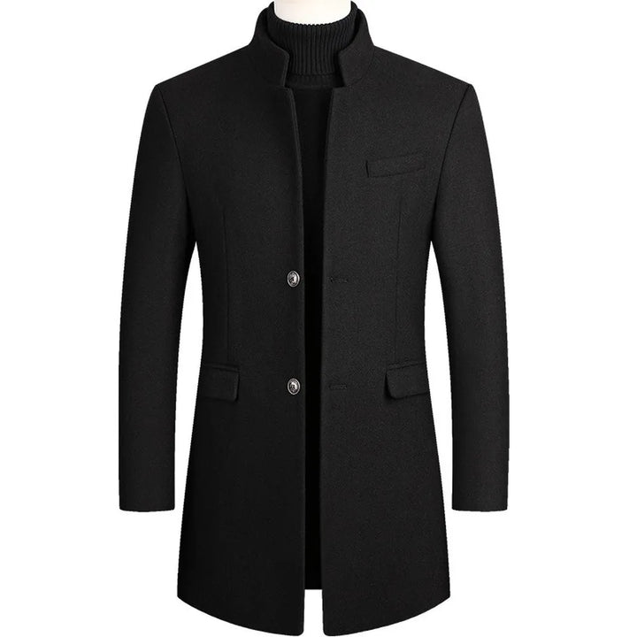 Professional men's longline overcoat with stand collar, a classic business jacket & essential outerwear.