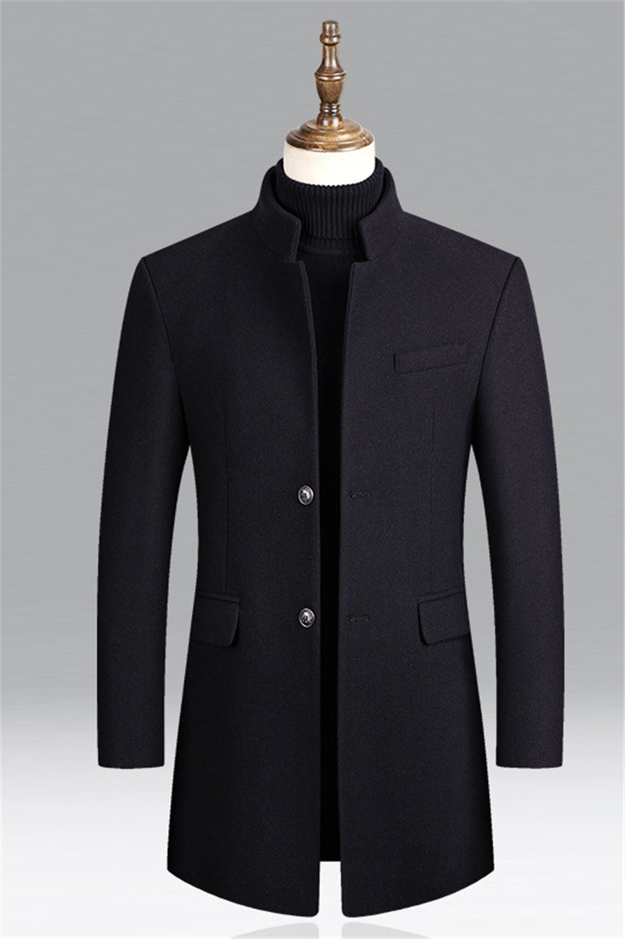Modern men's stand collar longline overcoat, tailored for business and formal wear, smart casual fashion.