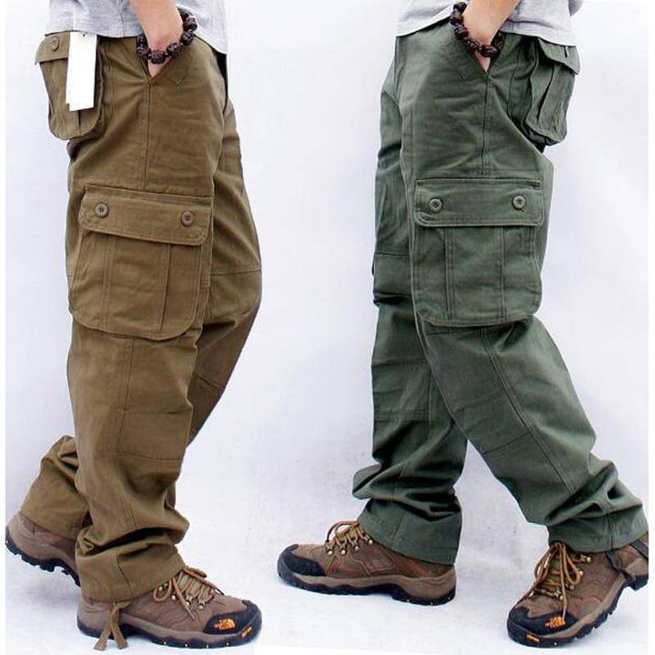 Men's loose fit tactical cargo pants in cotton, ideal for outdoor wear & workwear, multiple pockets.