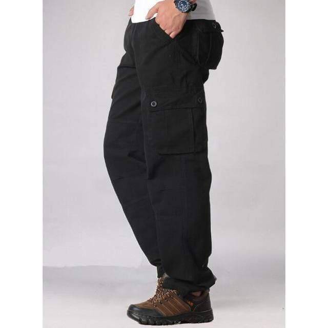 Durable men's cargo pants, loose fit, black, perfect for tactical use, casual style, multi-pocket.