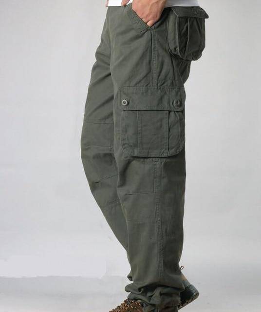 Khaki men's loose fit cotton cargo pants, tactical design, durable outdoor wear with ample storage.