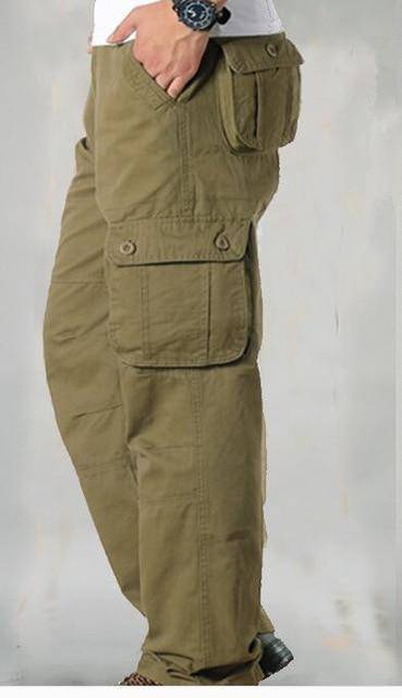 Mens tactical cargo pants, loose fit, ample pockets, durable for work or outdoor, comfortable cotton.