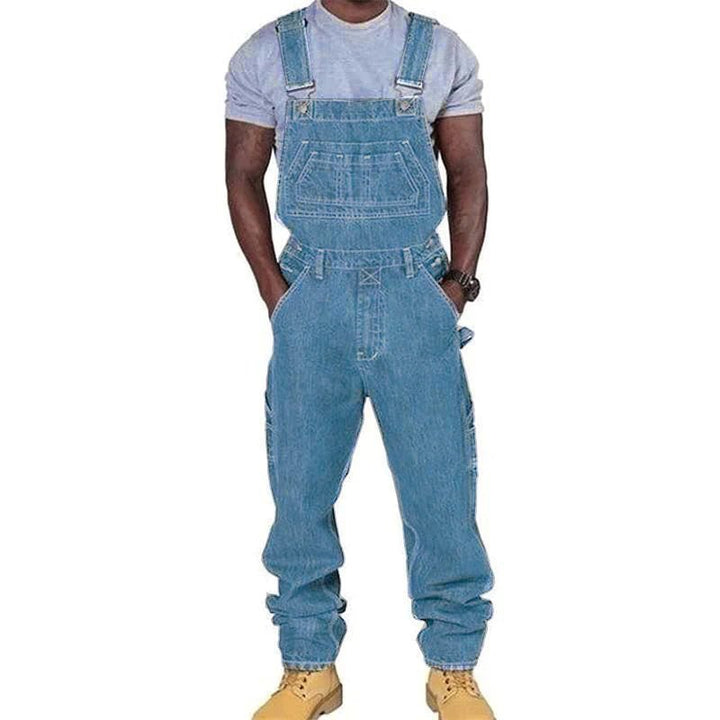 Bib overalls for men, loose fit, features adjustable straps & ample pockets, perfect for outdoor work.