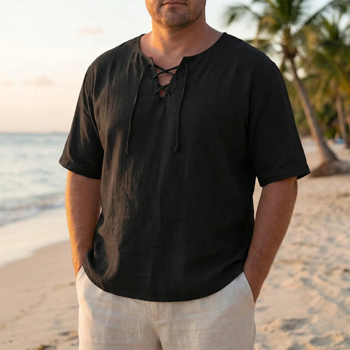 Men's loose V-neck lace-up pullover top for comfortable casual wear & summer style.