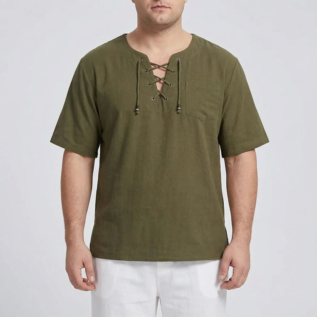 Comfortable men's loose V-neck top, featuring a unique lace-up design ideal for warm weather.