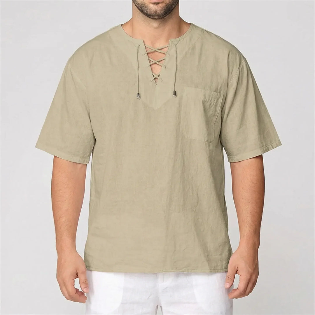 Breathable men's loose V-neck shirt with lace-up detail, great for relaxed outdoor or home wear.