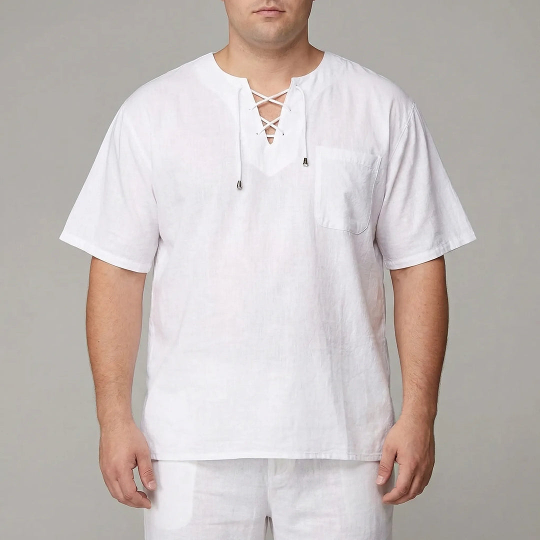 Versatile men's loose fit V-neck pullover with functional lace-up, suitable for casual & daily wear.