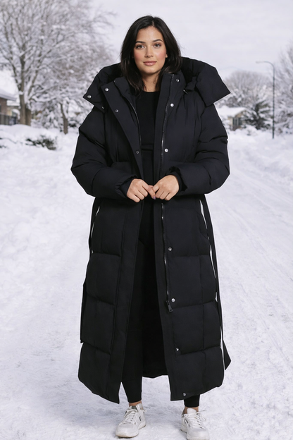 Men's Luxe Longline Puffer Coat for ultimate winter warmth, insulated and weatherproof for cold weather.