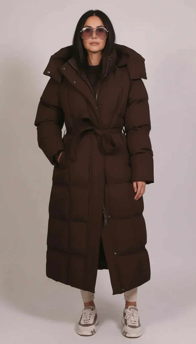 Warm men's longline puffer coat, weatherproof and insulated for extreme cold weather protection & comfort.
