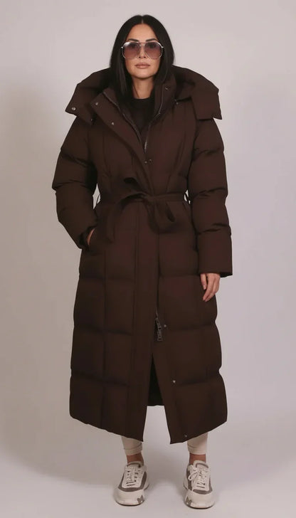 Warm men's longline puffer coat, weatherproof and insulated for extreme cold weather protection & comfort.