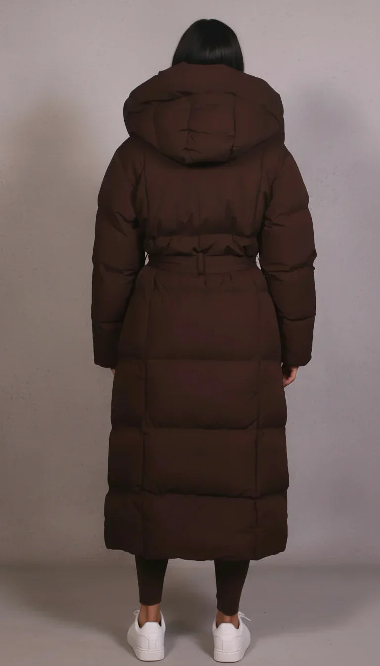 Luxe men's longline puffer coat, designed for ultimate winter warmth; a stylish, insulated cold weather jacket.