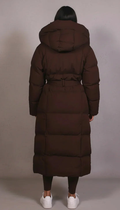 Luxe men's longline puffer coat, designed for ultimate winter warmth; a stylish, insulated cold weather jacket.