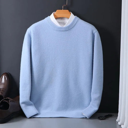 Men's luxurious crewneck sweater in a classic knit, perfect for elegant smart casual fashion & winter comfort.