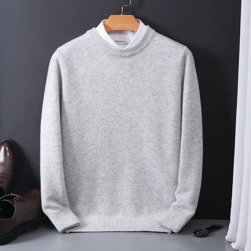 Soft, luxurious men's crewneck pullover sweater, ideal for comfortable layering & timeless smart casual style.
