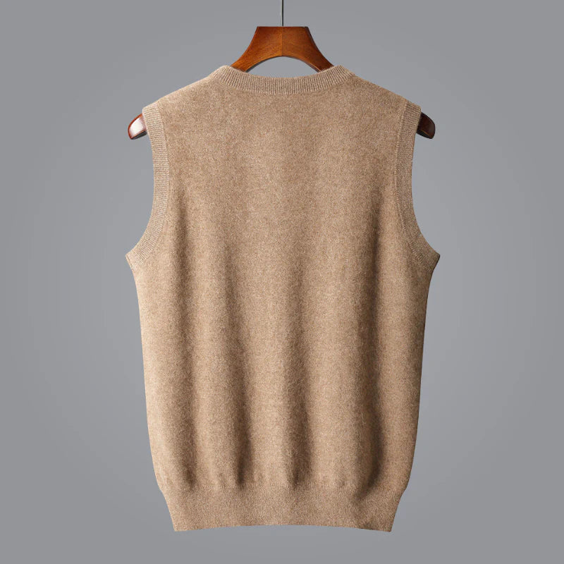 Man enjoying outdoors in a stylish cashmere V-neck vest, ideal for upscale casual wear.