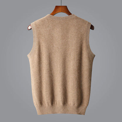 Man enjoying outdoors in a stylish cashmere V-neck vest, ideal for upscale casual wear.