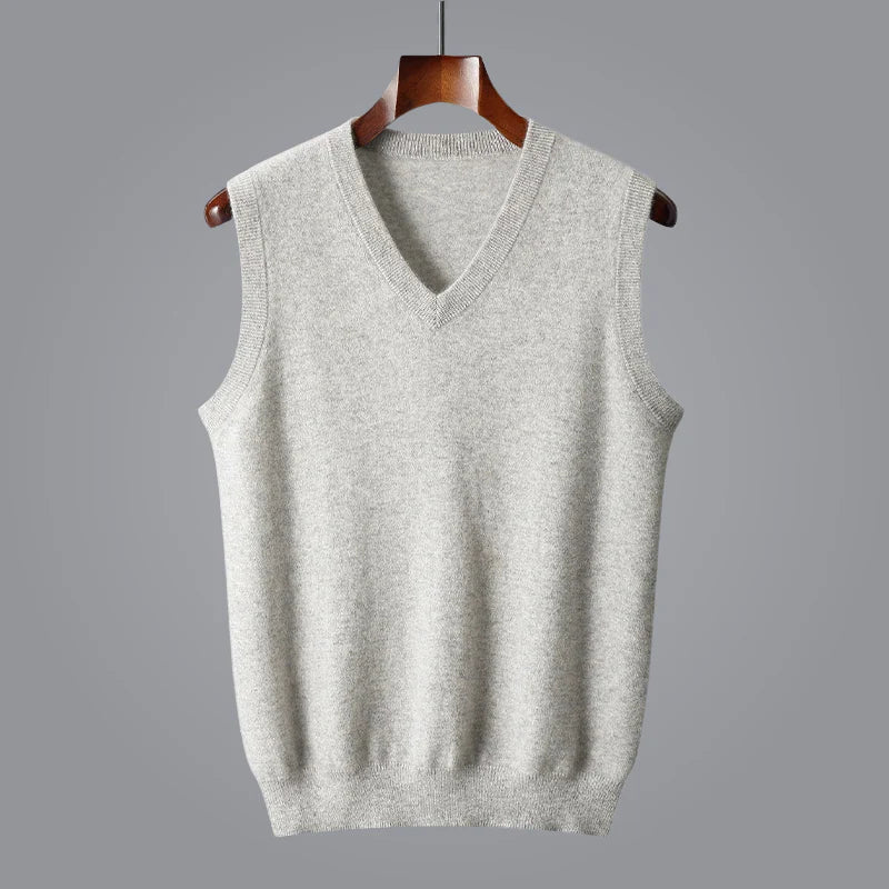 Soft, fine cashmere V-neck vest texture, highlighting luxurious knit and craftsmanship.