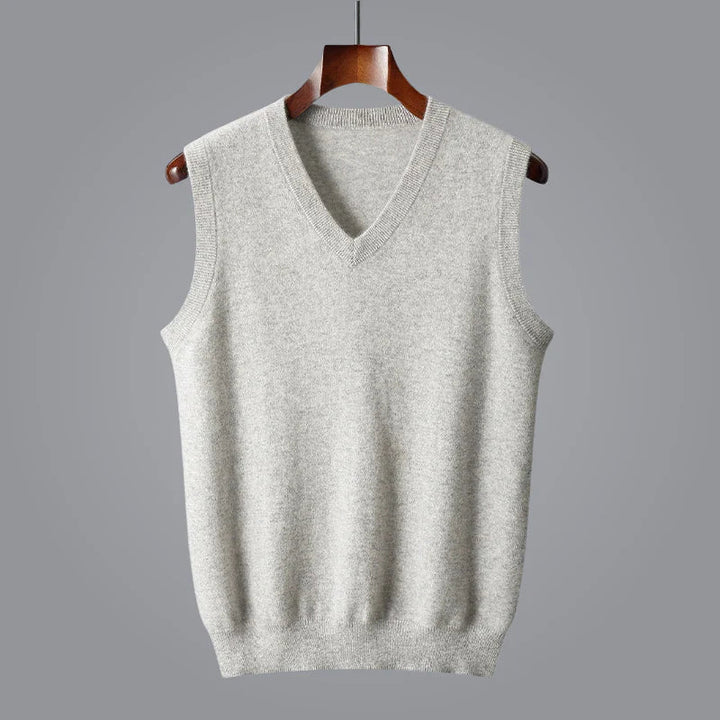 Soft, fine cashmere V-neck vest texture, highlighting luxurious knit and craftsmanship.