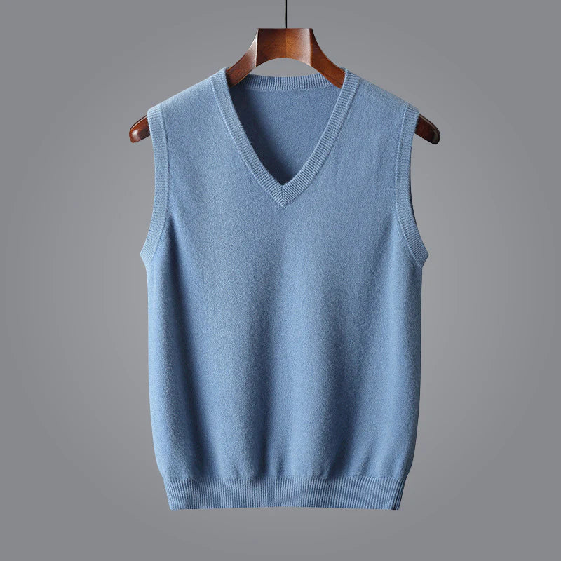 Charcoal grey men's cashmere V-neck vest, a versatile sleeveless sweater for modern fashion.