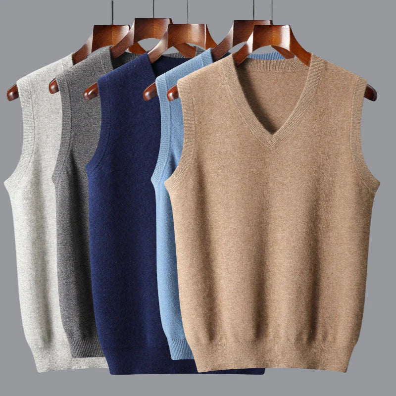 Elegant men's V-neck cashmere vest, a luxury knit perfect for layering in any season.