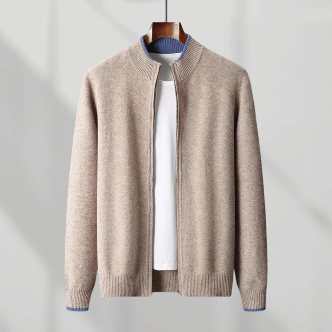 Men's luxurious soft zip-up cardigan, perfect for elegant casual layering.