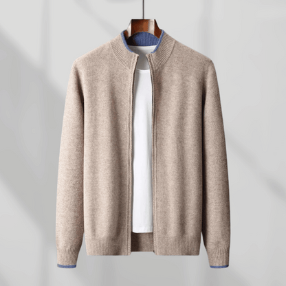 Men's luxurious soft zip-up cardigan, perfect for elegant casual layering.