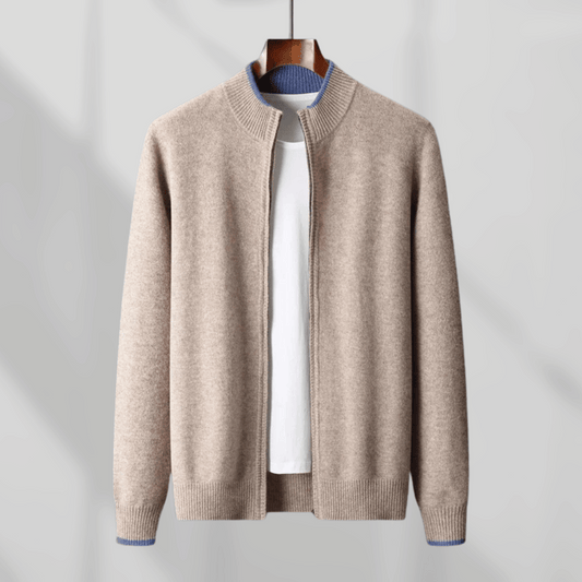 Men's luxurious soft zip-up cardigan, perfect for elegant casual layering.