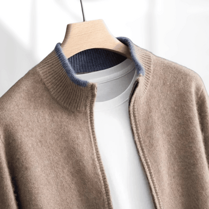 Comfortable men's soft knit zip-up cardigan, ideal for versatile menswear styling.