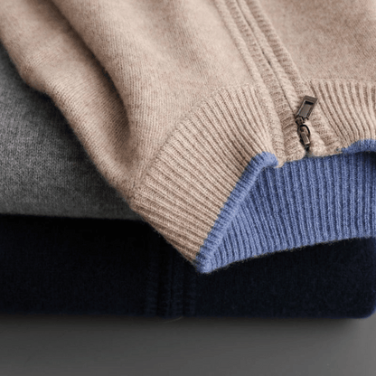 Stylish men's long sleeve zip-up cardigan, a luxurious addition to any wardrobe.