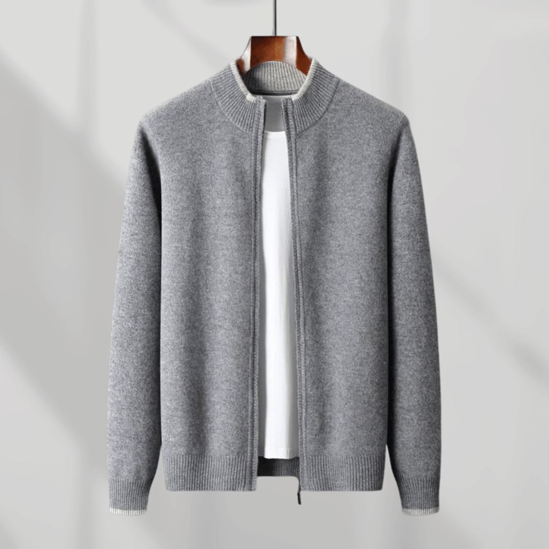 Elegant men's fashion zip-up cardigan, offering soft comfort and easy layering.