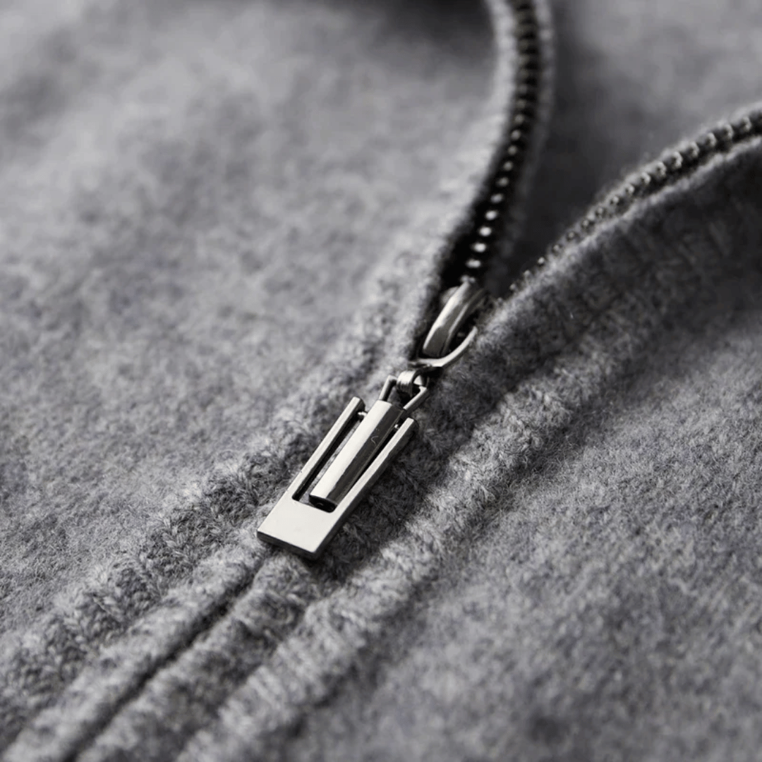 Premium men's soft touch zip-up cardigan, merging comfort with sophisticated style.