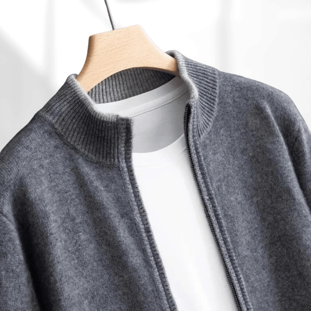 Menswear luxurious soft zip-up cardigan, a key piece for stylish comfort.