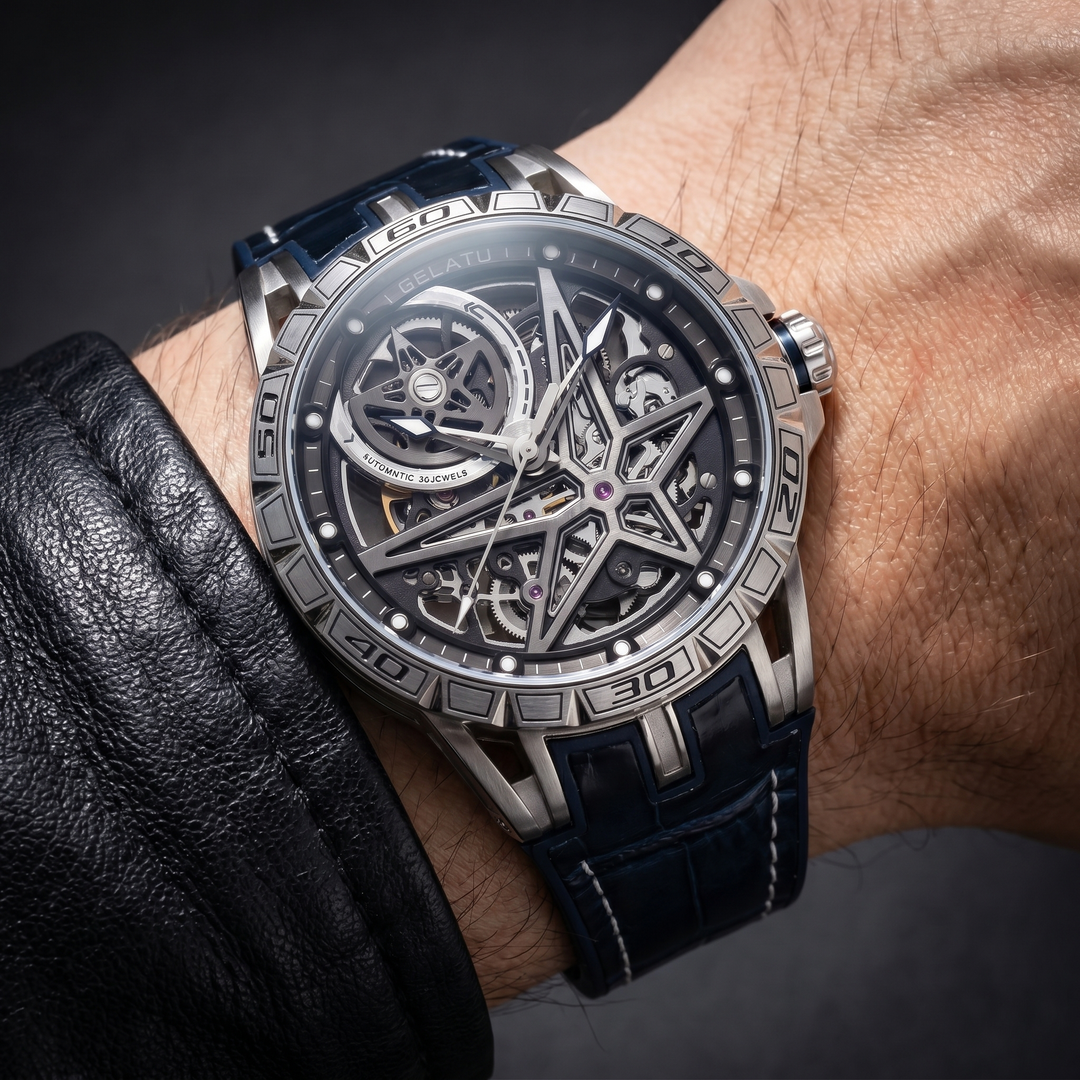 Men's luxury automatic watch with intricate skeleton dial, showcasing mechanical movement. Stainless steel case, elegant timepiece.