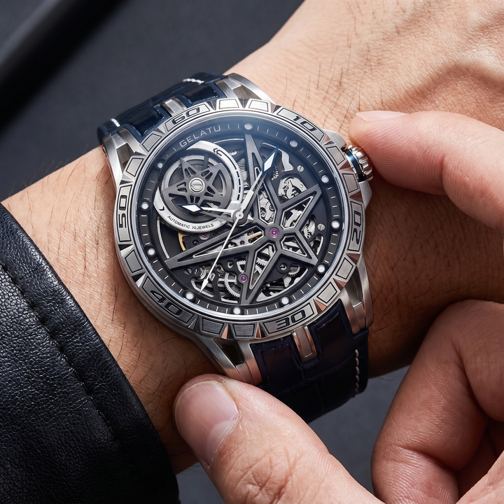 Close-up of a men's automatic skeleton watch. Intricate mechanical gears visible through sapphire crystal, luxury design.