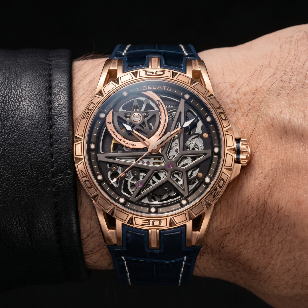 Elegant men's automatic mechanical watch with a stunning skeleton dial. Polished stainless steel case and genuine leather strap.
