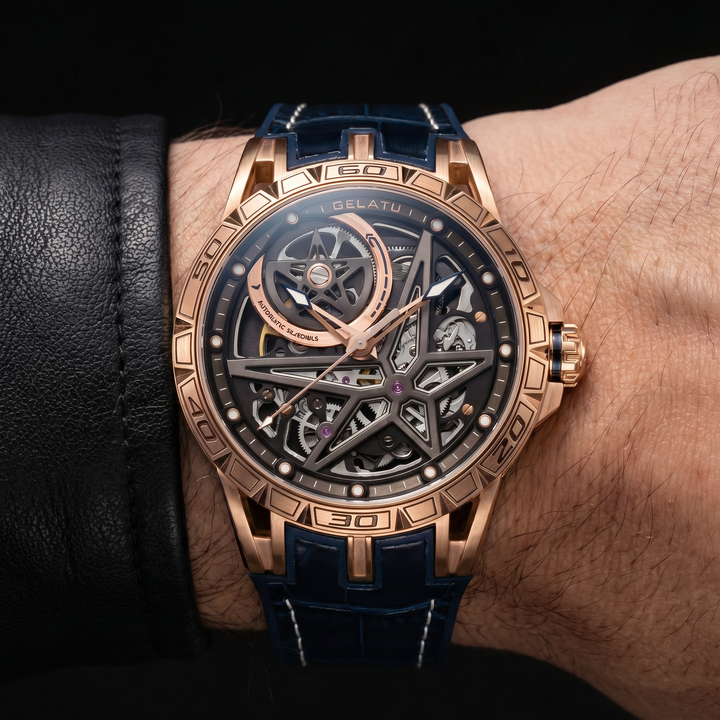 Elegant men's automatic mechanical watch with a stunning skeleton dial. Polished stainless steel case and genuine leather strap.