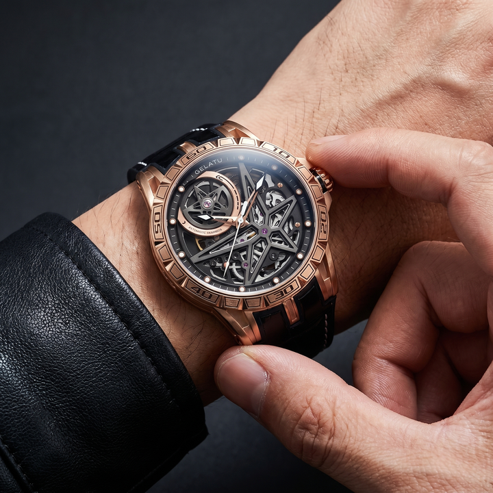 Stylish men's automatic skeleton watch on a wrist, a luxury accessory. Features a durable stainless steel case and detailed dial.