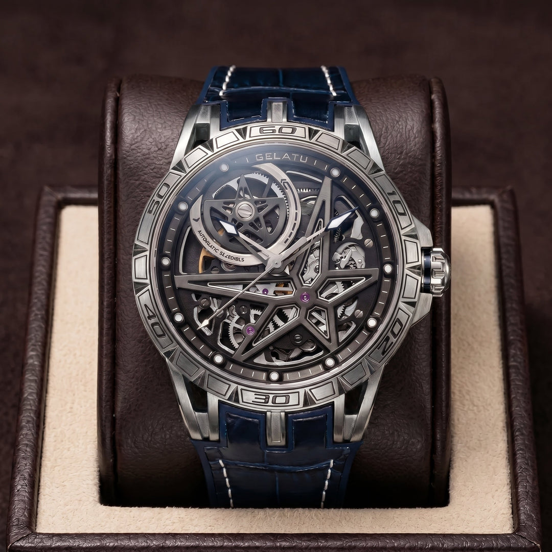 View of a men's luxury automatic skeleton timepiece. Mechanical movement displayed through scratch-resistant sapphire crystal.