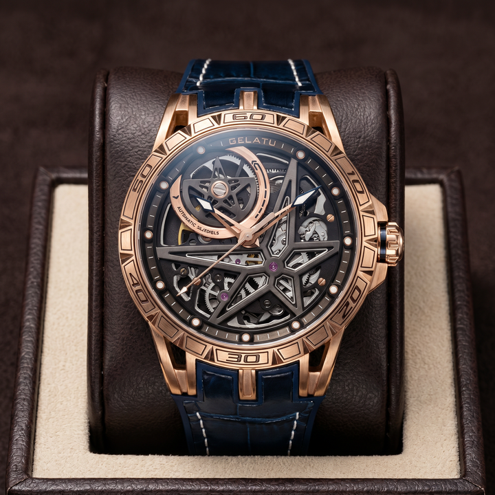 Sophisticated men's automatic watch, an elegant luxury accessory. Features a unique skeleton dial and robust stainless steel build.