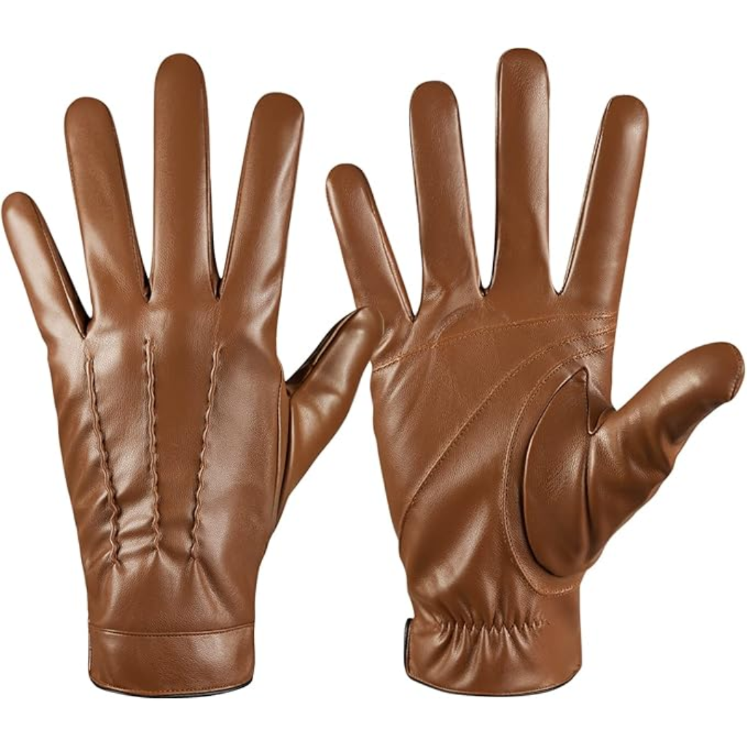 Warm men's cashmere-lined leather winter gloves, perfect for cold weather & outdoor activities.