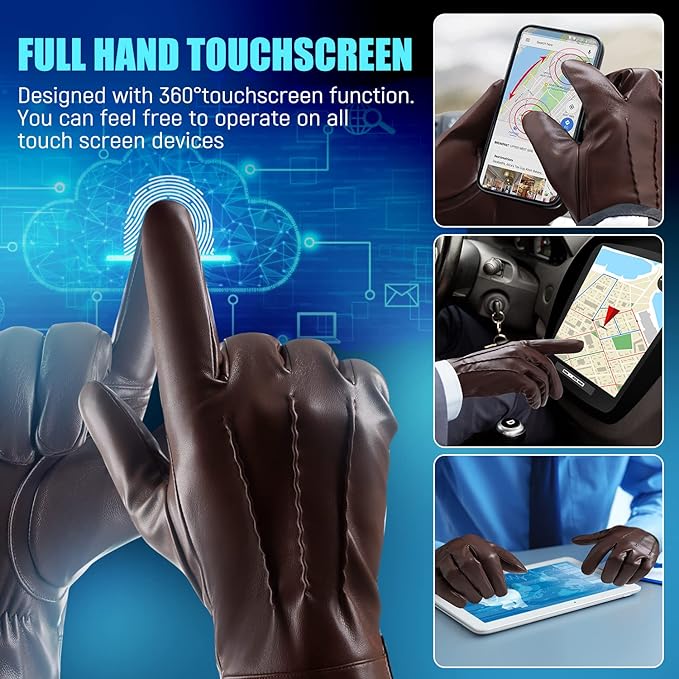 Men's black leather touchscreen winter gloves, cashmere-lined, offering warmth, style & durability.
