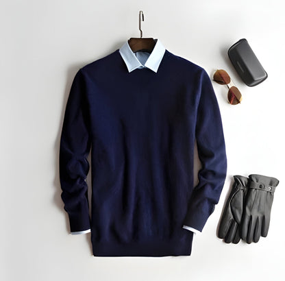 Comfortable men's long sleeve cashmere pullover, elegant and versatile for modern fall and winter layering.