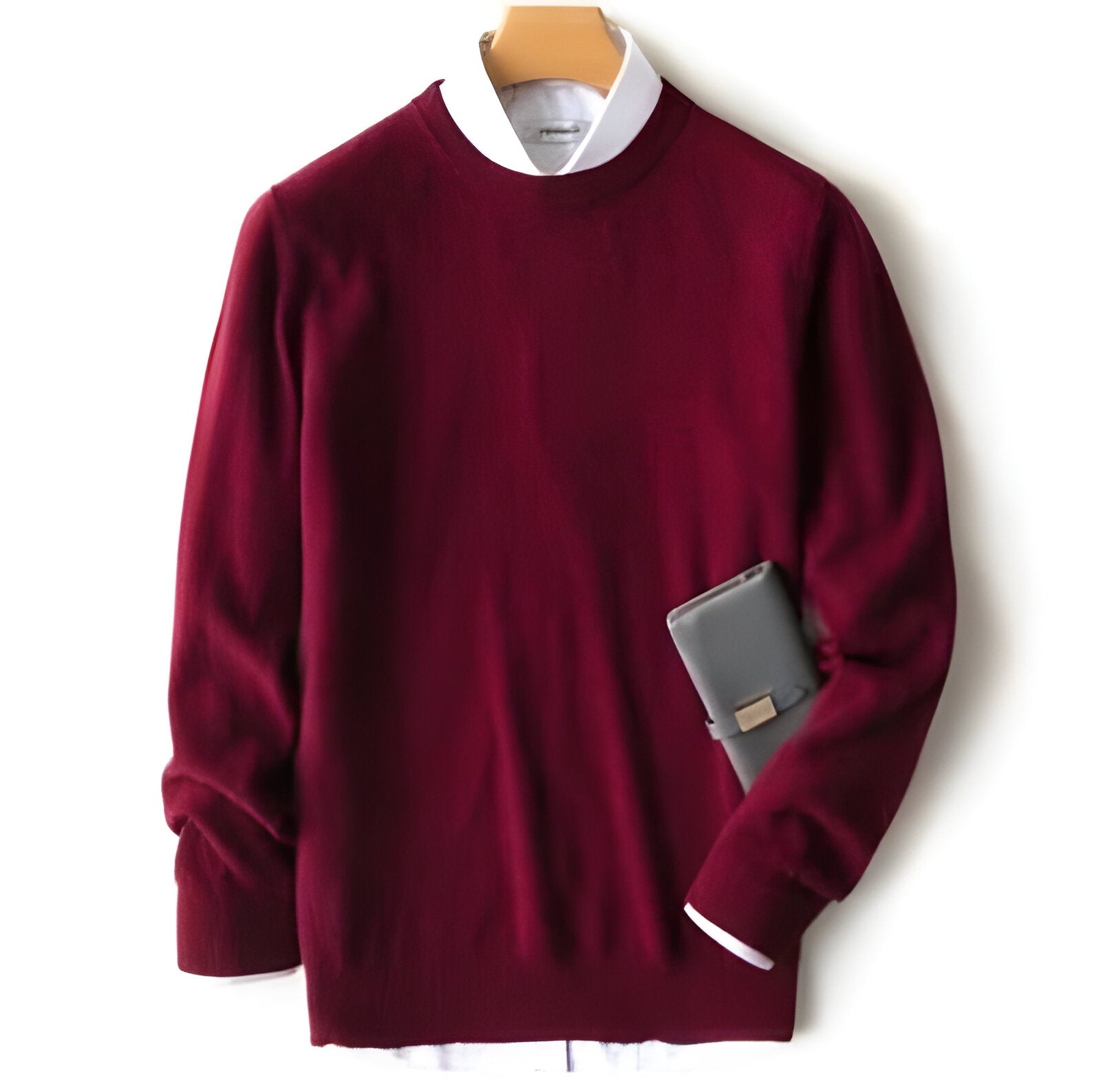 Warm & luxurious men's cashmere pullover, elegant long sleeve sweater for high quality fall and winter comfort.