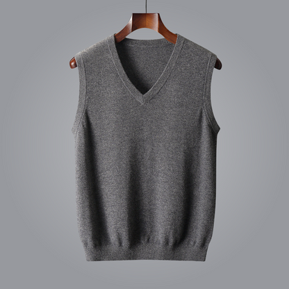 High-quality men's luxury cashmere vest, featuring a soft, tailored V-neck design. Elegant.