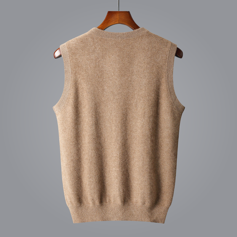 Elegant men's V-neck cashmere vest, incredibly soft for luxurious layering. Tailored fit.