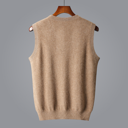 Elegant men's V-neck cashmere vest, incredibly soft for luxurious layering. Tailored fit.
